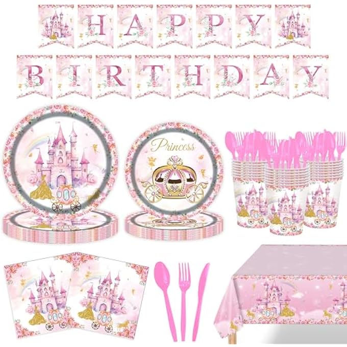 PRINCESS PARTY SUPPLIES FOR GIRLS, CASTLE BIRTHDAY DECORATIONS TABLEWARE SET WITH PLATES, NAPKINS, CUPS, CUTLERY, TABLECLOTH, BANNER FOR BABY SHOWER PRINCESS BIRTHDAY PARTY DECORATIONS - Image 2